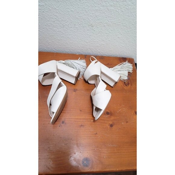 Louise et cie Open-Toe Block Pump Heel Sandals With Tassel Ankle Ties In Ivory - Picture 5 of 12